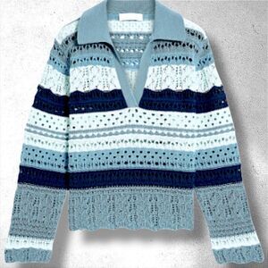 Jonathan Simkhai Roxana Macrame Colorblock Blue Stripe Crochet Sweater/Top  SM